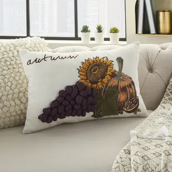 5" X 12" Yellow and White Thanksgiving Pumpkin and Sunflowers Cotton Throw Pillow