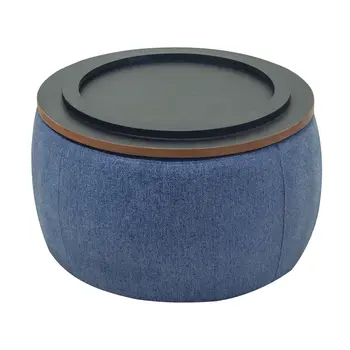 26" Blue and Brown Fabric And Wood Reversible Tray Top Round Storage Ottoman
