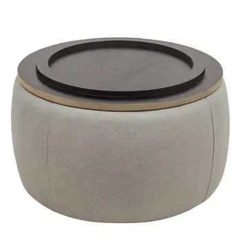 26" Gray and Natural Fabric And Wood Reversible Tray Top Round Storage Ottoman