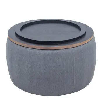 26" Dark Gray and Natural Fabric And Wood Reversible Tray Top Round Storage Ottoman