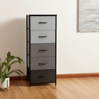 18" Gray and Black Steel and Fabric Five Drawer Chest