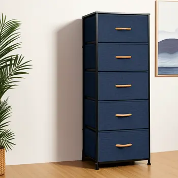 18" Blue and Black Steel and Fabric Five Drawer Chest