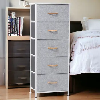 18" Gray and White Steel and Fabric Five Drawer Chest