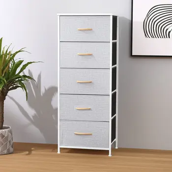 18" Gray and White Steel and Fabric Five Drawer Chest