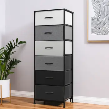 18" Gray and Black Steel and Fabric Six Drawer Chest