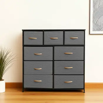 39" Gray and White Steel and Fabric Nine Drawer Triple Dresser