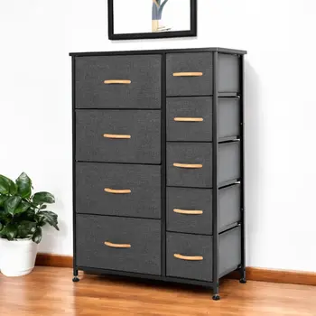 27" Gray and Black Steel and Fabric Nine Drawer Combo Dresser