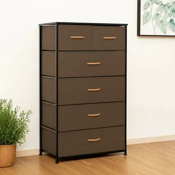 23" Brown Steel and Fabric Six Drawer Combo Dresser