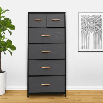 23" Gray and Black Steel and Fabric Six Drawer Chest