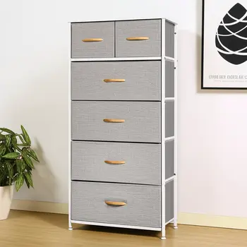 23" Gray and White Steel and Fabric Six Drawer Chest