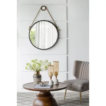 30" Black Fame Round Wall Hanging Accent Mirror with Rope
