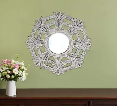 24" White Floral Scrollwork Distressed Round Framed Accent Mirror