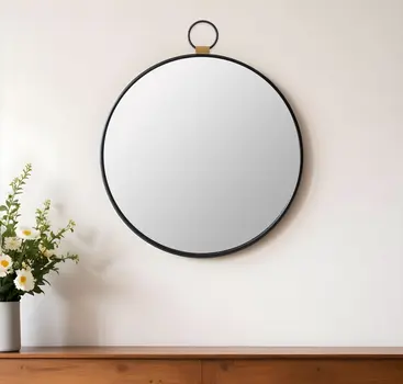 28" Black Round Iron Framed Accent Mirror