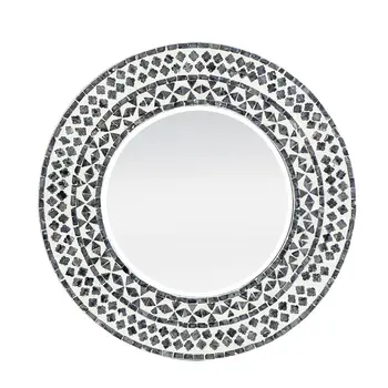 24" Black And White Round Wood And Shell Framed Accent Mirror