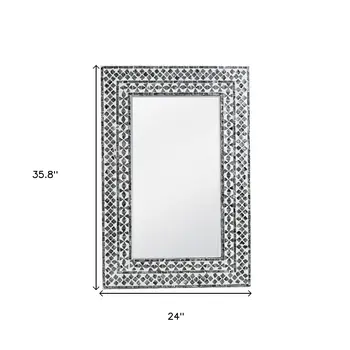 36" Black And White Geometric Mosaic Capiz Shell Framed Accent Mirror