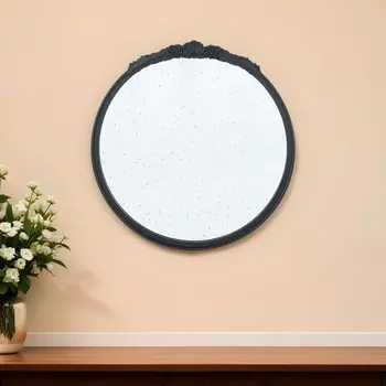 30" Black Crowned Top Antiqued Glass Round Framed Accent Mirror