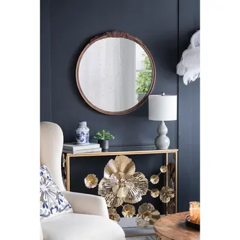 30" Brown Crowned Top Antiqued Glass Framed Accent Mirror