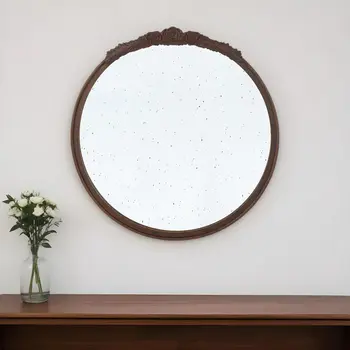 30" Brown Crowned Top Antiqued Glass Framed Accent Mirror