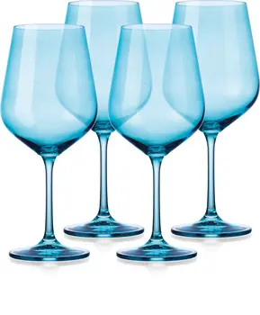 Set of Four Blue Crystal Balloon Bowl Stemmed Red Wine Glass