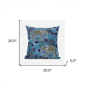 20x20 Blue White Elephant Blown Seam Broadcloth Animal Print Throw Pillow