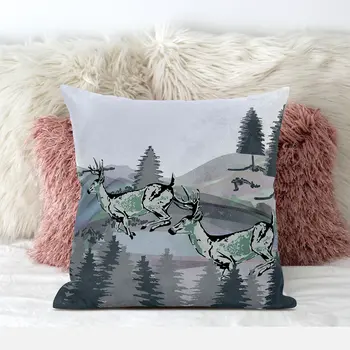 28x28 Muted Green Black Blue Deer Blown Seam Broadcloth Animal Print Throw Pillow