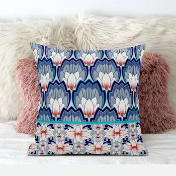 26x26 Gray Blue Orange Blown Seam Broadcloth Floral Throw Pillow