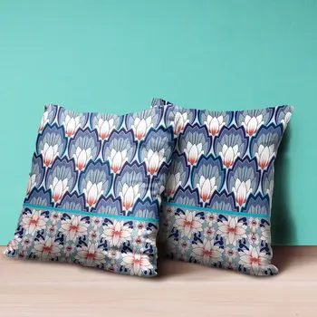 26x26 Gray Blue Orange Blown Seam Broadcloth Floral Throw Pillow