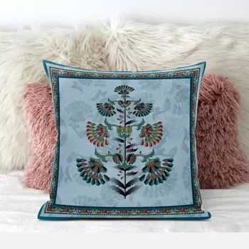 18x18 Sky Blue Red Blown Seam Broadcloth Floral Throw Pillow