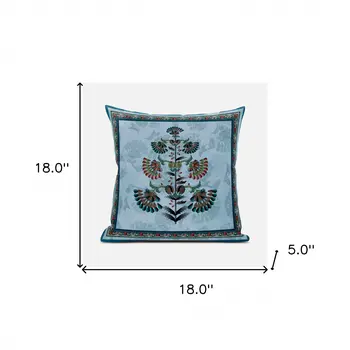 18x18 Sky Blue Red Blown Seam Broadcloth Floral Throw Pillow