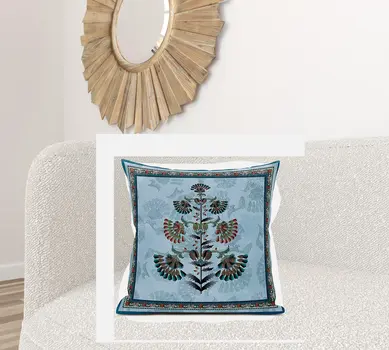 28x28 Sky Blue Red Blown Seam Broadcloth Floral Throw Pillow