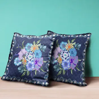 26x26 Indigo Yellow DarkBlue Blown Seam Broadcloth Floral Throw Pillow