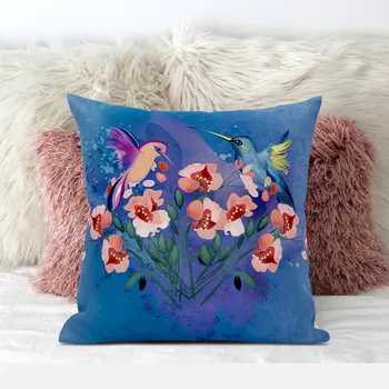 20x20 Blue Pink Gray Bird Blown Seam Broadcloth Animal Print Throw Pillow