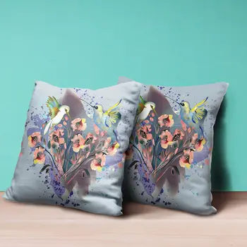 26x26 Brown Blue Gray Bird Blown Seam Broadcloth Animal Print Throw Pillow