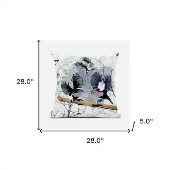 28x28 White Gray Black Bird Blown Seam Broadcloth Animal Print Throw Pillow