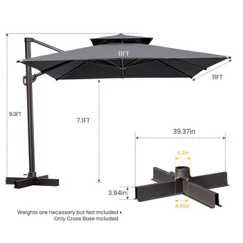 11' Dark Gray Polyester Square Tilt Cantilever Patio Umbrella With Stand