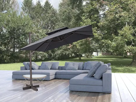 11' Dark Gray Polyester Square Tilt Cantilever Patio Umbrella With Stand