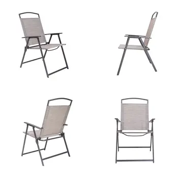 Set of Four 35" Brown Steel Sling Outdoor Folding Arm Chairs