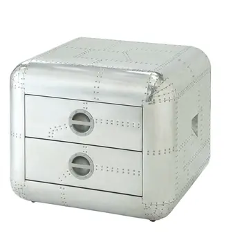 22" Silver Aluminum Aviator Trunk Style Square End Table With Two Drawers