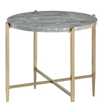 24" Champagne And Light Gray Manufactured Wood And Metal Round End Table
