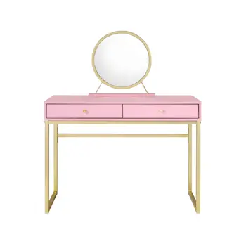 42" Gold And Pink Wood Vanity Table With Mirror And Two Drawers