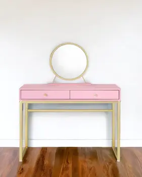 42" Gold And Pink Wood Vanity Table With Mirror And Two Drawers