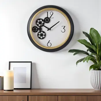 16" Black Gold And White Faux Leather And Iron Analog Exposed Gear Round Wall Clock