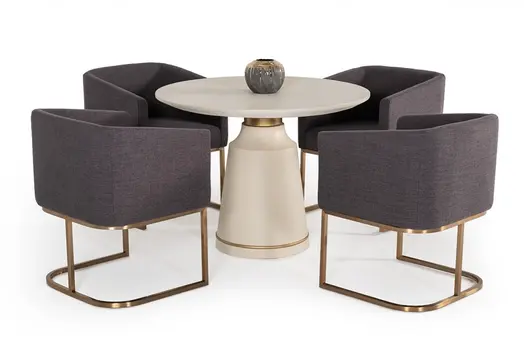 39" Off White And Off White And Brass Rounded Concrete Dining Table