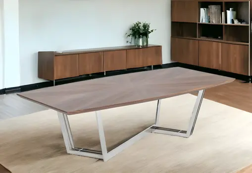 107" Walnut And Silver Rectangular Manufactured Wood And Iron Dining Table