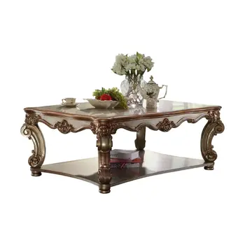 58" Gold Wood Floor Shelf Coffee Table With Shelf