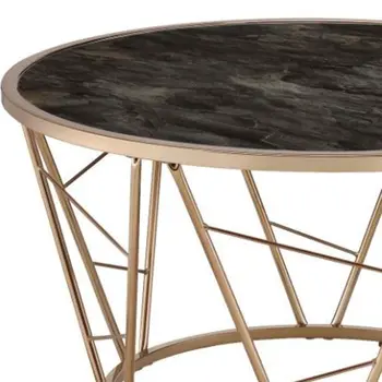 33" Black and Champagne Glass And Faux Marble And Metal Round Frame Coffee Table