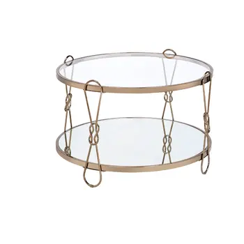32" Silver and Champagne Mirrored Glass And Metal Round Frame Coffee Table With Shelf