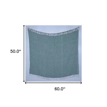 60" X 50" Green Woven Cotton Chevron Throw Blanket with Fringe