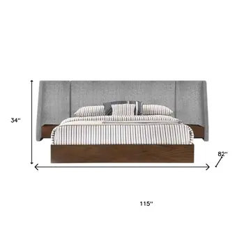 Brown and Gray Wood And Upholstery King Bed Frame With Attached Nightstands