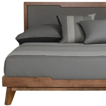 Gray and Brown Wood And Linen Queen Bed Frame